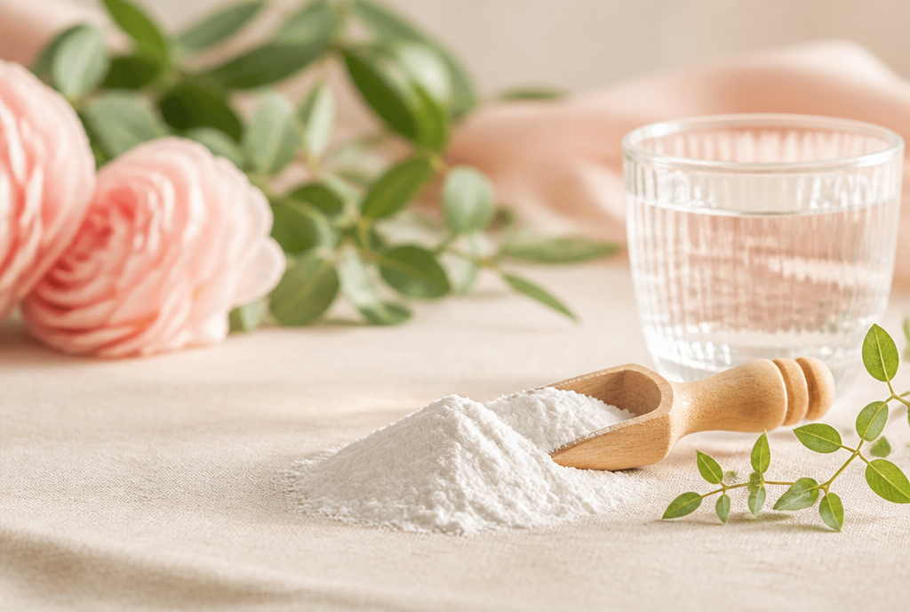 Creatine powder scoop still life with water and botanicals – LoveSelf