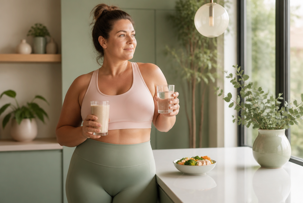 A healthy, strong woman with a protein shake and nourishing whole foods in a bright kitchen – LoveSelf