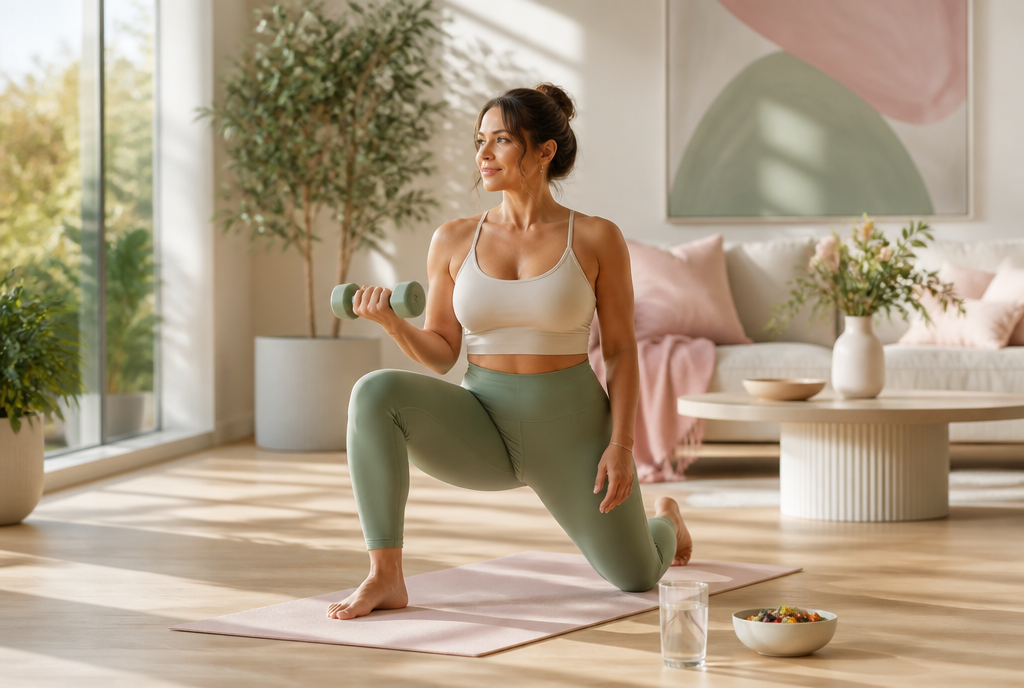 A strong woman doing gentle strength training at home with water and nourishing food – LoveSelf